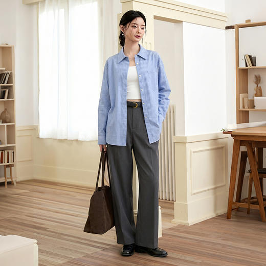 【限时秒杀】西遇慵懒蓝色条纹衬衫女2026年春季新款通勤风宽松休闲长袖衬衣10260018 商品图4