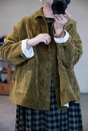 apuntob复古绿棉麻外套