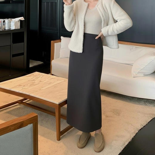 【合作款】秋冬直筒百搭显瘦A字后开叉毛呢包臀裙  yc0112003 商品图1