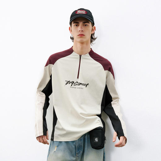 714street户外速干骑行服复古拼接运动长袖2026春宽松半拉链T恤男 商品图1