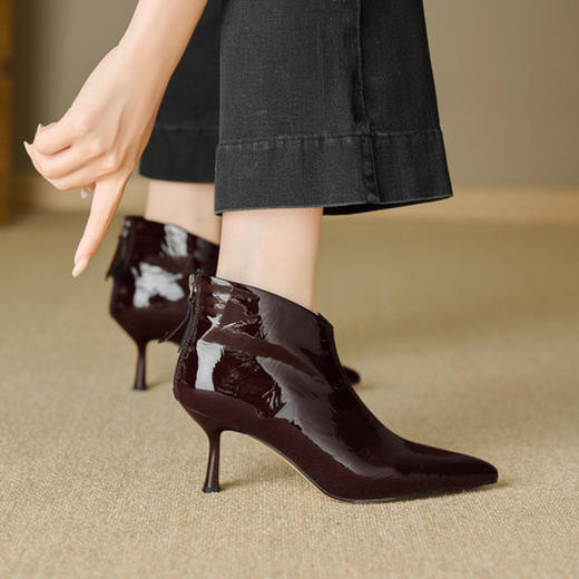 【预售5天】气质高跟短靴新款真皮尖头细跟后拉链瘦瘦靴YC-600 商品图3