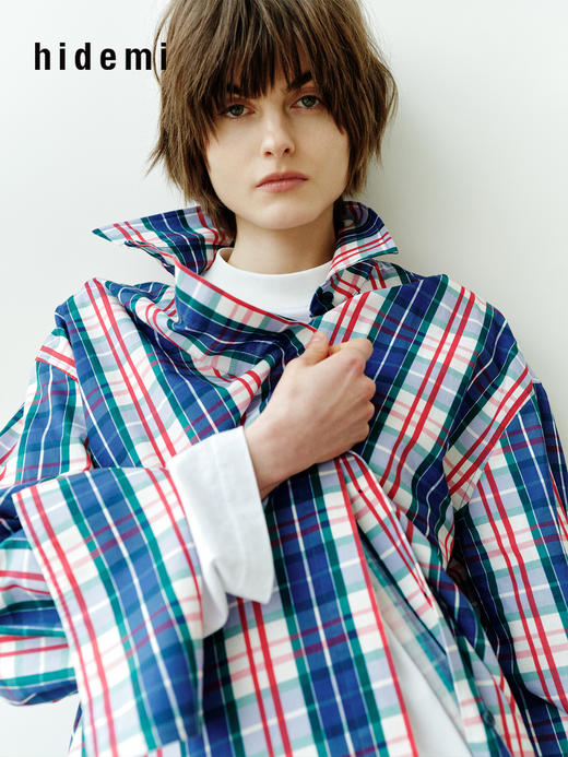 hidemi副线小h 小男孩色织格纹有机棉休闲宽松长袖衬衫外套长裤包方巾四件套 商品图6