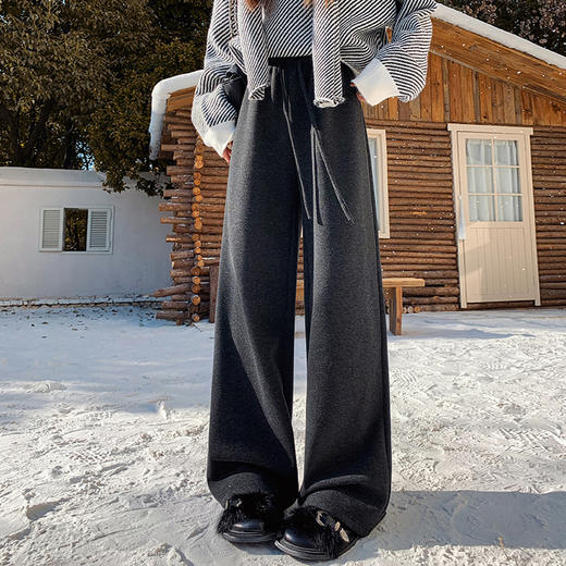 西遇加绒阔腿裤女冬季新高腰垂感直筒宽松拖地裤加厚长裤SS051995 商品图3