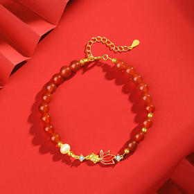 Winy S925 银镀金朱华金鲤手链 红玉髓珍珠 滴胶锦鲤镶锆石国风首饰附证书