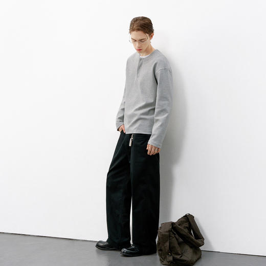 714street肌理感灰色亨利领卫衣男 2026春季潮牌重磅宽松长袖T恤 商品图3