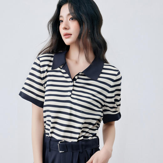 【商场同款】诗凡黎Polo领条纹针织衫25秋新款短袖上衣3G7131531 商品图0