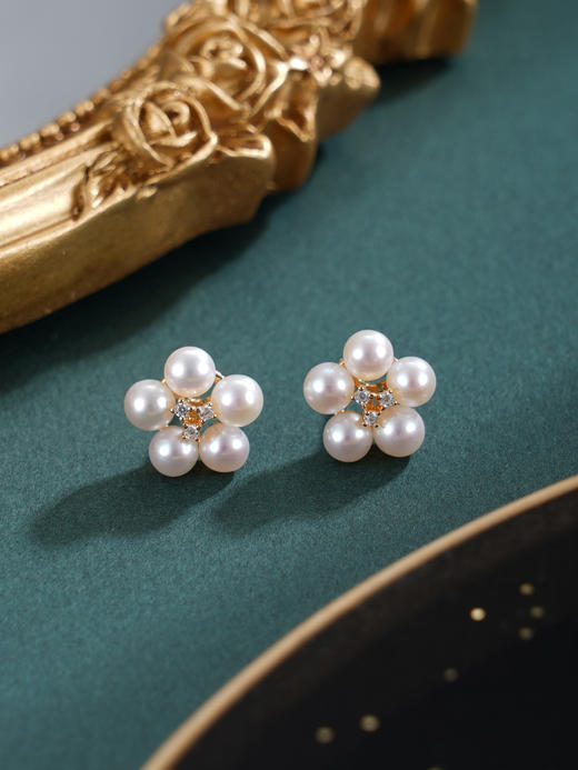 子佩集【花恋曲调】银S925珍珠惜王妃耳钉【MLEH013】3.8mm珠镀金梅花五瓣花朵2601 商品图3