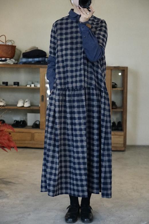 apuntob 羊毛格纹短袖连衣裙(蓝/棕格) 商品图1