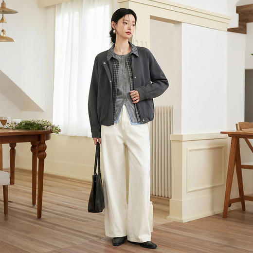 西遇格纹拼接假两件外套女2026年春季新款翻领宽松灰色夹克上衣10260020 商品图1