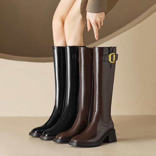 【预售5天】法式复古皮带扣马油皮高筒靴粗跟高跟侧拉链骑士靴子&0871 商品图3