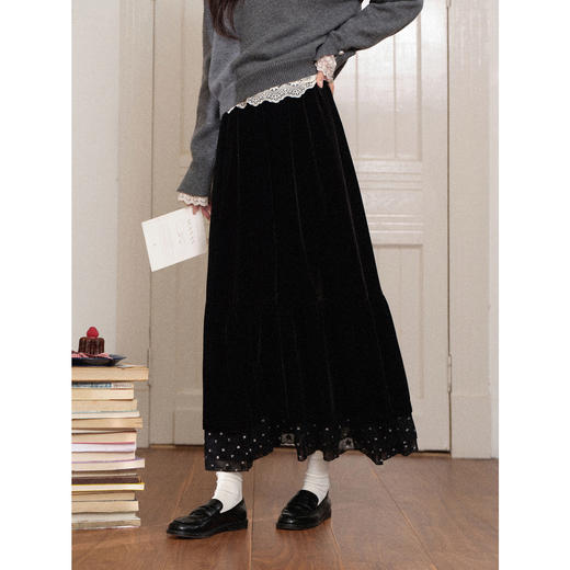 鹿向南「烁烁夜幕」黑色丝绒半身裙女拼接蕾丝冬季新款高腰A字裙 商品图0