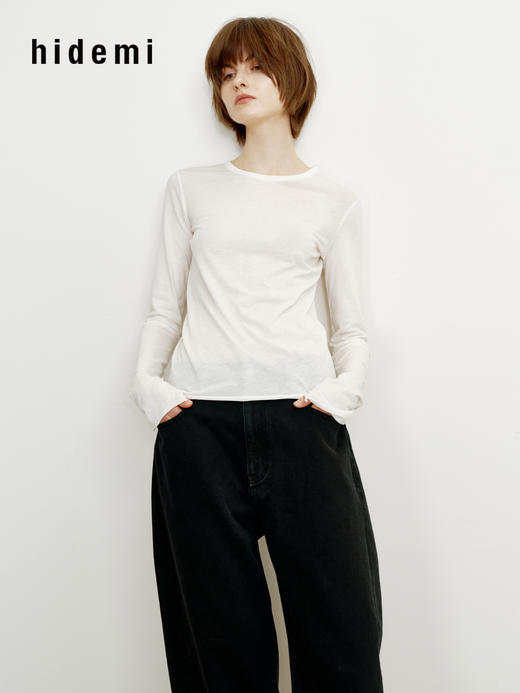 hidemi副线小h 匹马棉简约圆领修身卷边打底长袖T恤 商品图2