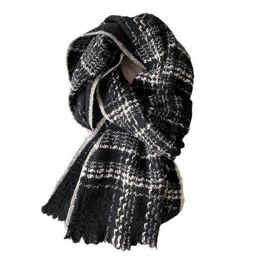 丁摩 100%羊毛格子围巾180*30女冬季黑白色格子羊绒针织高档围脖5ZF-296 商品图4