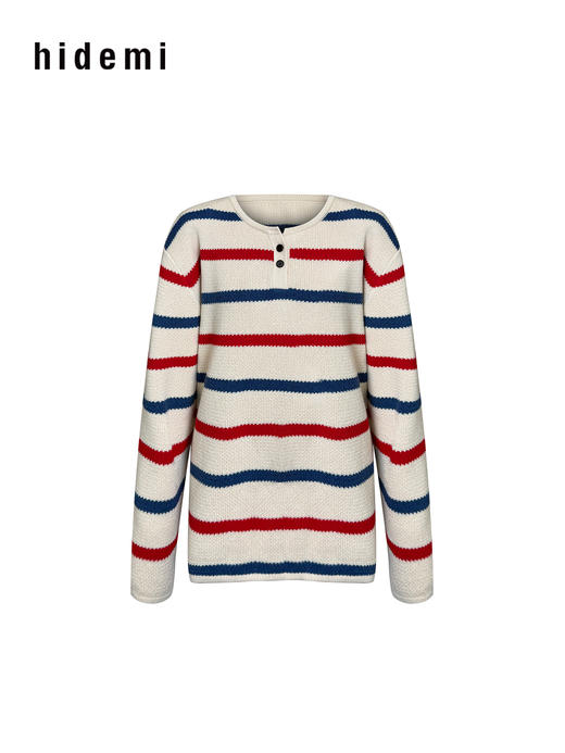 hidemi副线小h 条纹撞色亨利领休闲套头上衣针织衫 商品图13