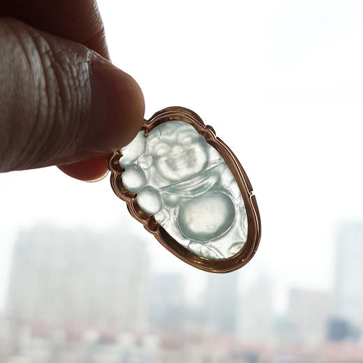 【天然正品】A货翡翠AU750玫瑰金镶钻镶天然细腻白色冰种逍遥佛（乐观豁达、福气满满）翡翠吊坠项链36.2*19.3*8.7MM(皆取最大值)链长：41CM 301225NJS21 商品图7