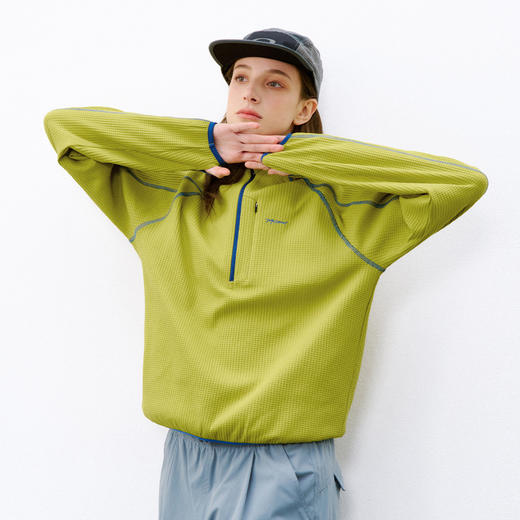 714street吸湿速干运动长袖2026春季宽松半拉链华夫格情侣T恤男款 商品图4