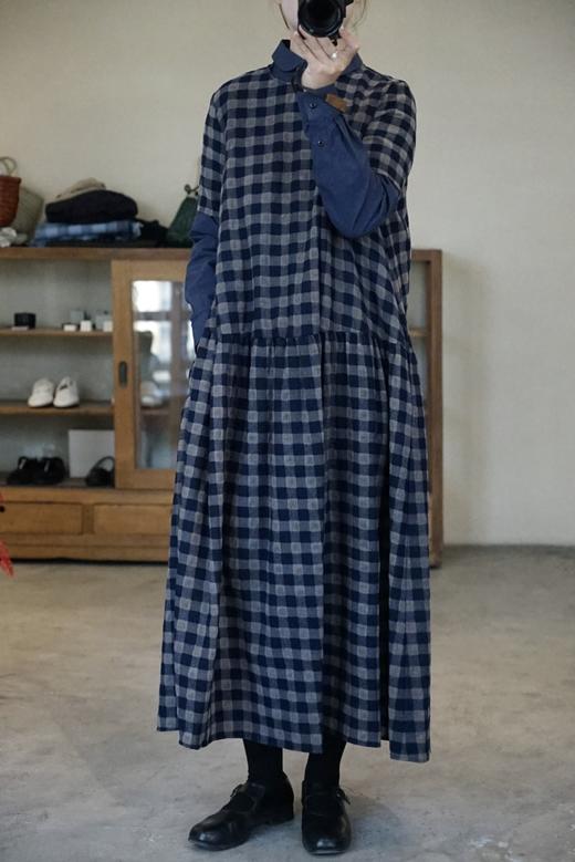 apuntob 羊毛格纹短袖连衣裙(蓝/棕格) 商品图0