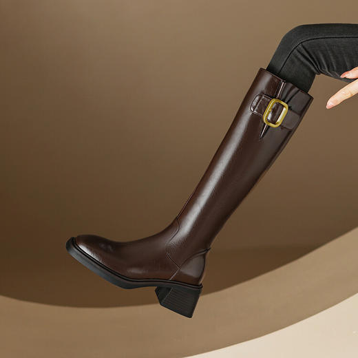 【预售5天】法式复古皮带扣马油皮高筒靴粗跟高跟侧拉链骑士靴子&0871 商品图0