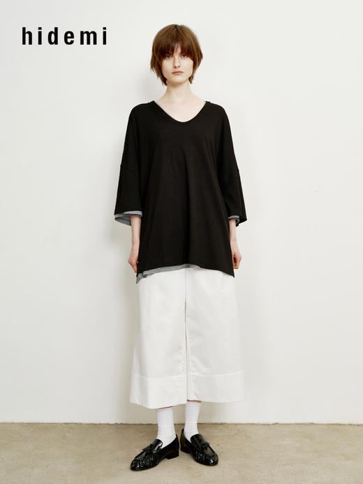 hidemi副线小h 简约U领松弛宽松T恤上衣 商品图10
