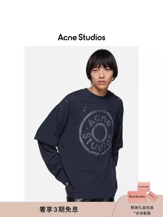 假两件长袖tee，胸口字母印花。复古做旧破洞水洗圆领上衣E010658 商品图6