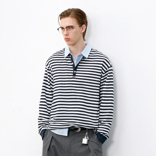 714street亚麻条纹亨利领长袖 商品图0