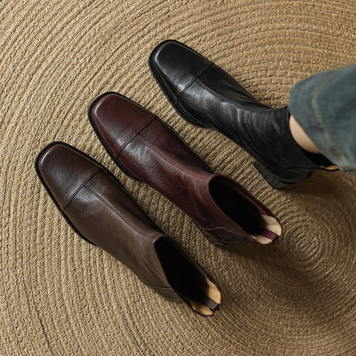 【预售5天】超软羊皮短靴女秋冬季新款加绒高跟靴子法式粗跟方头后拉链瘦瘦靴&9915 商品图1