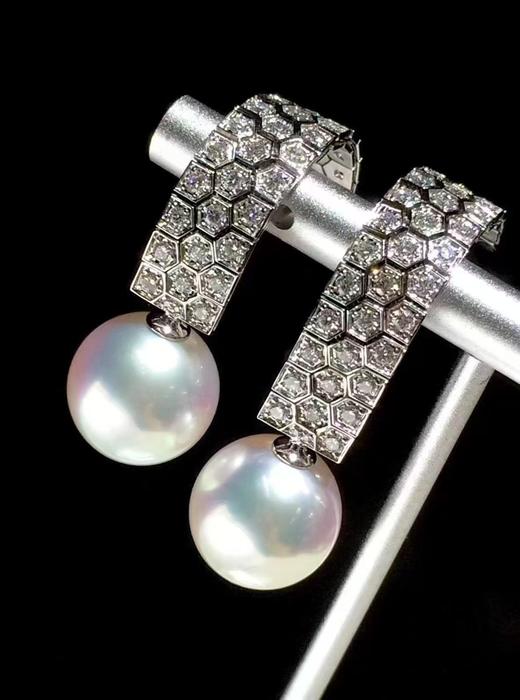 【私席真珠·新年盛宴】18K金镶钻白珍珠耳针，11-12mm珠，两戴款，珍珠可拆卸，孤品 商品图2