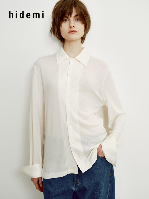 hidemi副线小h 宽松简约翻领长袖T恤开衫 商品图0