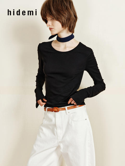 hidemi副线小h 匹马棉简约圆领修身卷边打底长袖T恤 商品图6