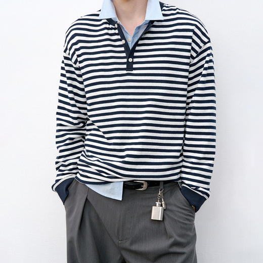 714street亚麻条纹亨利领长袖 商品图1