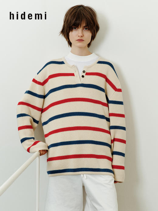 hidemi副线小h 条纹撞色亨利领休闲套头上衣针织衫 商品图7