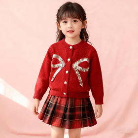 清清美日新年女童毛衣本命年红色秋冬款女宝宝套头衫新款半身亮片套装90-130★