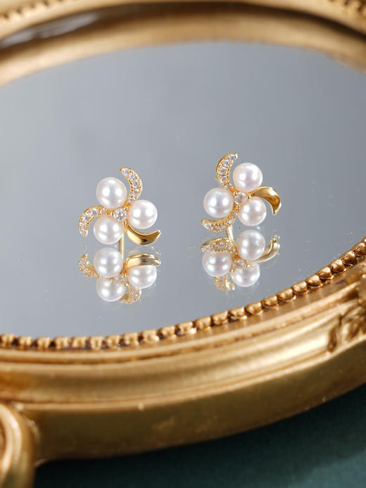 子佩集【风车漫旋】银S925珍珠惜王妃耳钉【MLEH029】3.8mm珠镀金风车三瓣花2601 商品图7