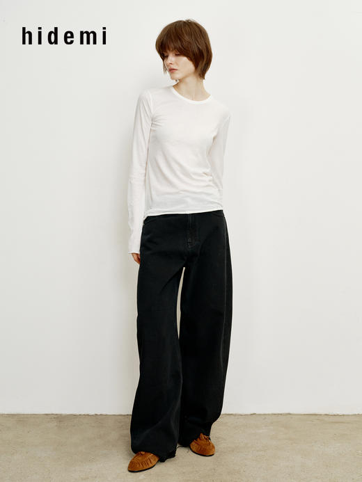 hidemi副线小h 匹马棉简约圆领修身卷边打底长袖T恤 商品图4