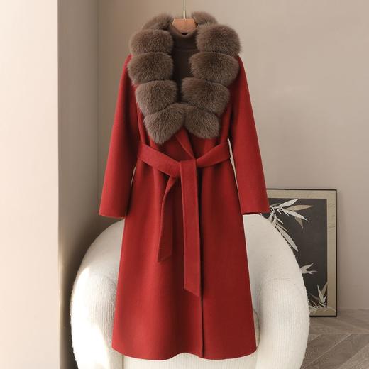 丁摩 冬季新品100%羊毛长款毛呢大衣狐狸毛领双面尼外套女5ZF-04C 商品图1