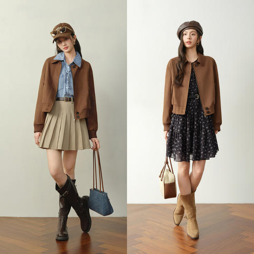 【严选】诗凡黎咖色麂皮绒复古短外套2026春新款美式宽松气质翻领夹克上衣7H1210151 商品图1