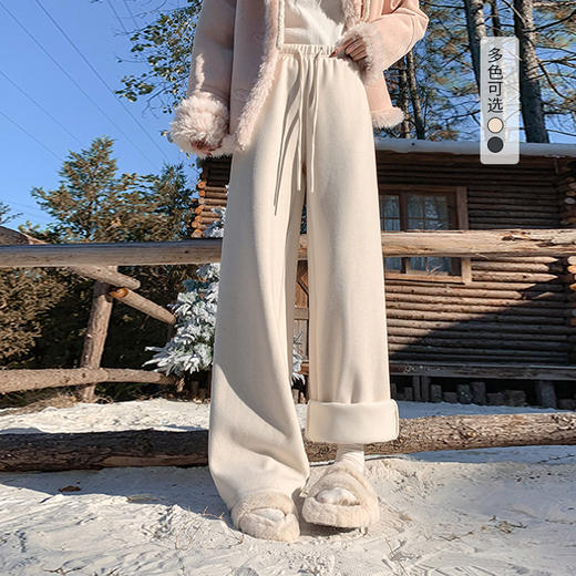 西遇加绒阔腿裤女冬季新高腰垂感直筒宽松拖地裤加厚长裤SS051995 商品图0