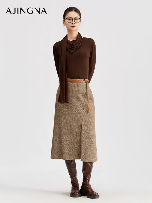 【商场同款】阿菁娜新款松弛感半身裙斜线分割高腰设计面料垂顺通勤简约氛围单品A31C113003 商品图0