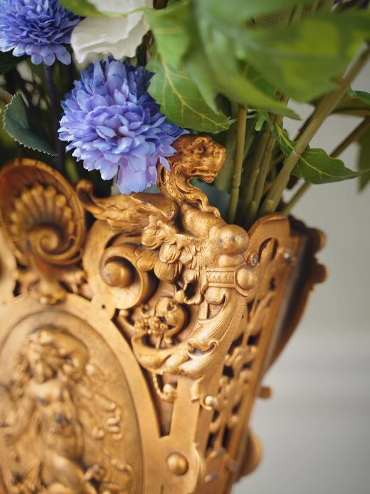 独角鹿西洋古董19世纪末法国出品古典天使与神兽主题铜鎏金精雕花瓶 商品图2