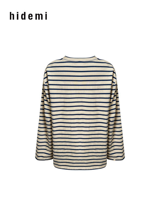 hidemi副线小h 少年感圆领撞色宽松条纹长袖T恤 商品图7
