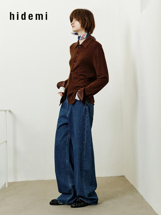 hidemi副线小h 宽松简约翻领长袖T恤开衫 商品图5