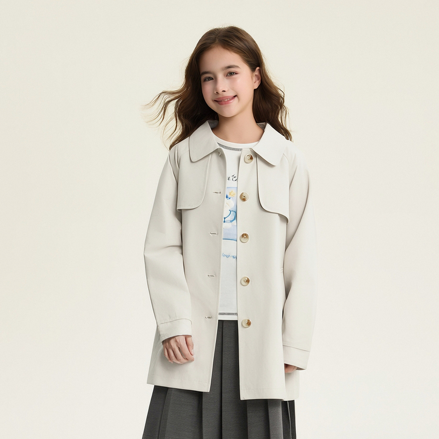 笛莎Deesha 童装女童外套2026春新款小翻领可收腰中长款风衣外套