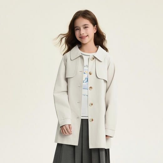 笛莎Deesha 童装女童外套2026春新款小翻领可收腰中长款风衣外套 商品图0