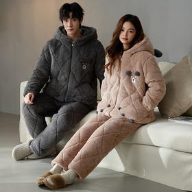 丁摩 情侣睡衣冬季三层夹棉加厚加绒天鹅绒珊瑚绒男女士连帽家居服套装5ZF-16001