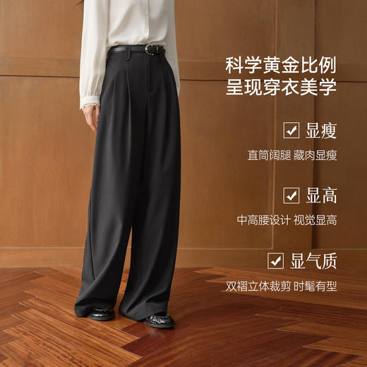 【严选】诗凡黎阔腿拖地通勤休闲长裤2026春新款高腰简约捏褶垂感直筒西裤7H1250311 商品图2