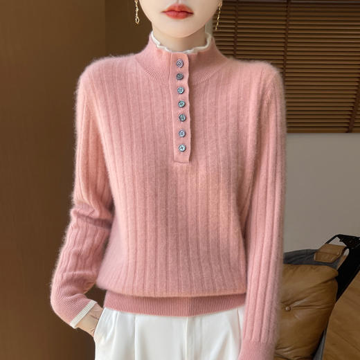 丁摩 秋冬新款羊毛衫女双层半开立领套头内搭坑条上衣针织打底衫5ZF-46656 商品图2