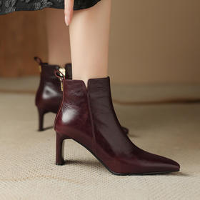 【预售5天】法式小短靴秋冬季加绒高跟鞋粗跟软底真皮软皮尖头裸靴子&521-9