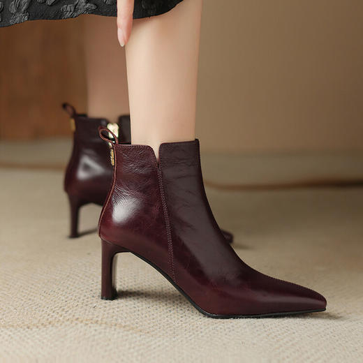 【预售5天】法式小短靴秋冬季加绒高跟鞋粗跟软底真皮软皮尖头裸靴子&521-9 商品图0