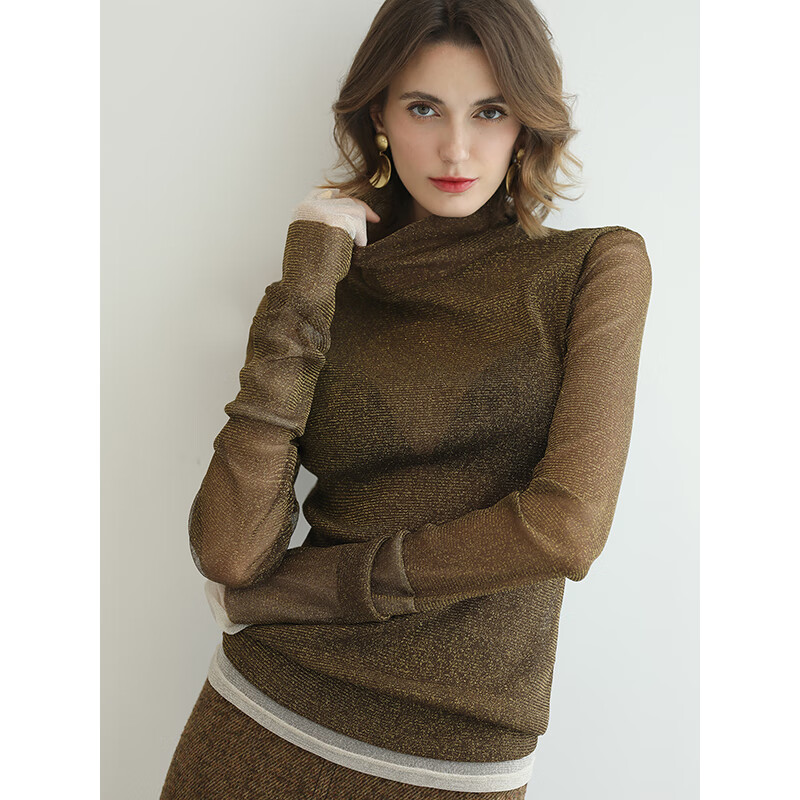 COCOBELLA白色时尚miu系高领微透视打底衫女新混搭上衣UT3220