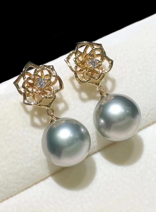 【私席真珠·新年盛宴】18K金镶钻黑珍珠耳针，11-12mm珠，圆（孤品） 商品图0